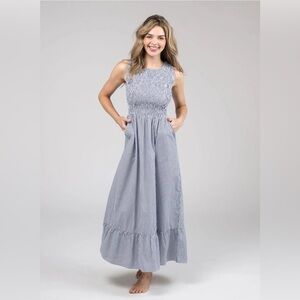 Beau & Ro The Margot Dress Navy White Stripe Small Smocked Nautical Beach Flowy